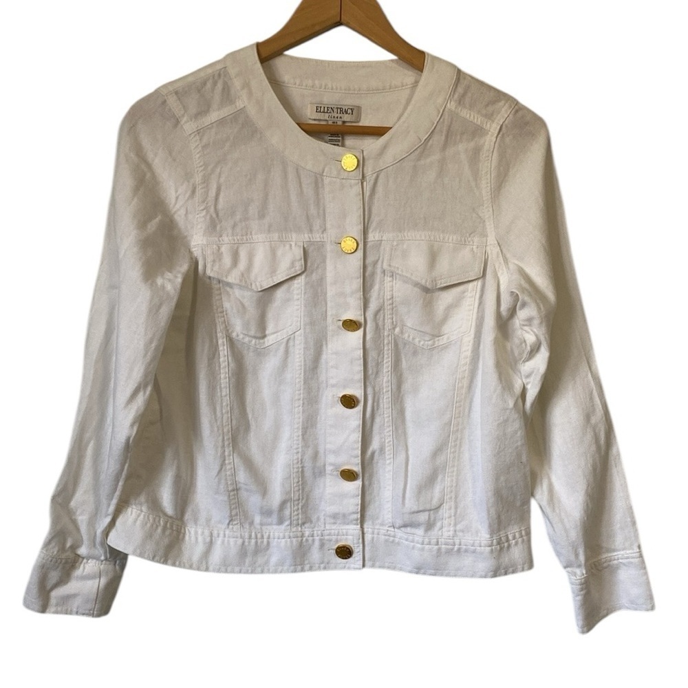 Ellen Tracy linen blend lightweight Jacket Classic white with gold buttons Small